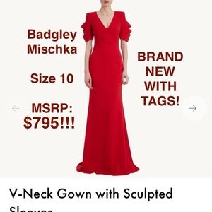 Badgley Mischka V-Neck Crimson Red Formal Dress Gown with Sculpted Shoulders!